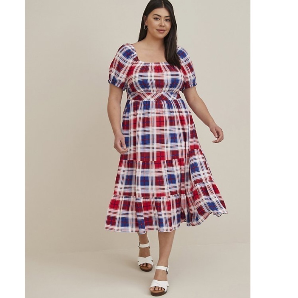 Torrid PUFF SLEEVE TIERED MAXI DRESS - CHALLIS PLAID RED & BLUE